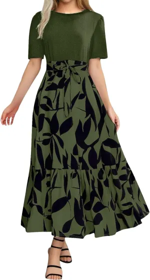 Floral Maxi Dresses for Women 2025 Summer Long Short Sleeve Casual Boho Sun Dresses A Line Patchwork Beach Dress