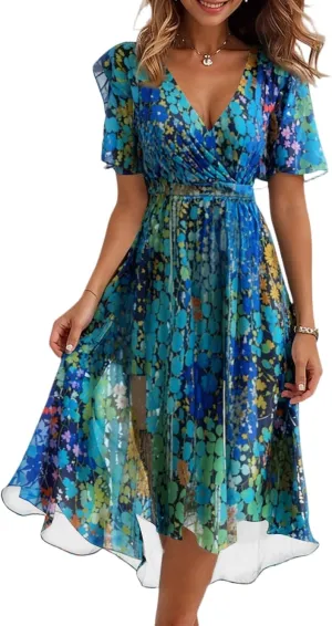 Floral Midi Cocktail Dresses for Women 2025 Elegant Classy Summer Casual Flowy Sexy Deep V Neck Belted Wrap Dress
