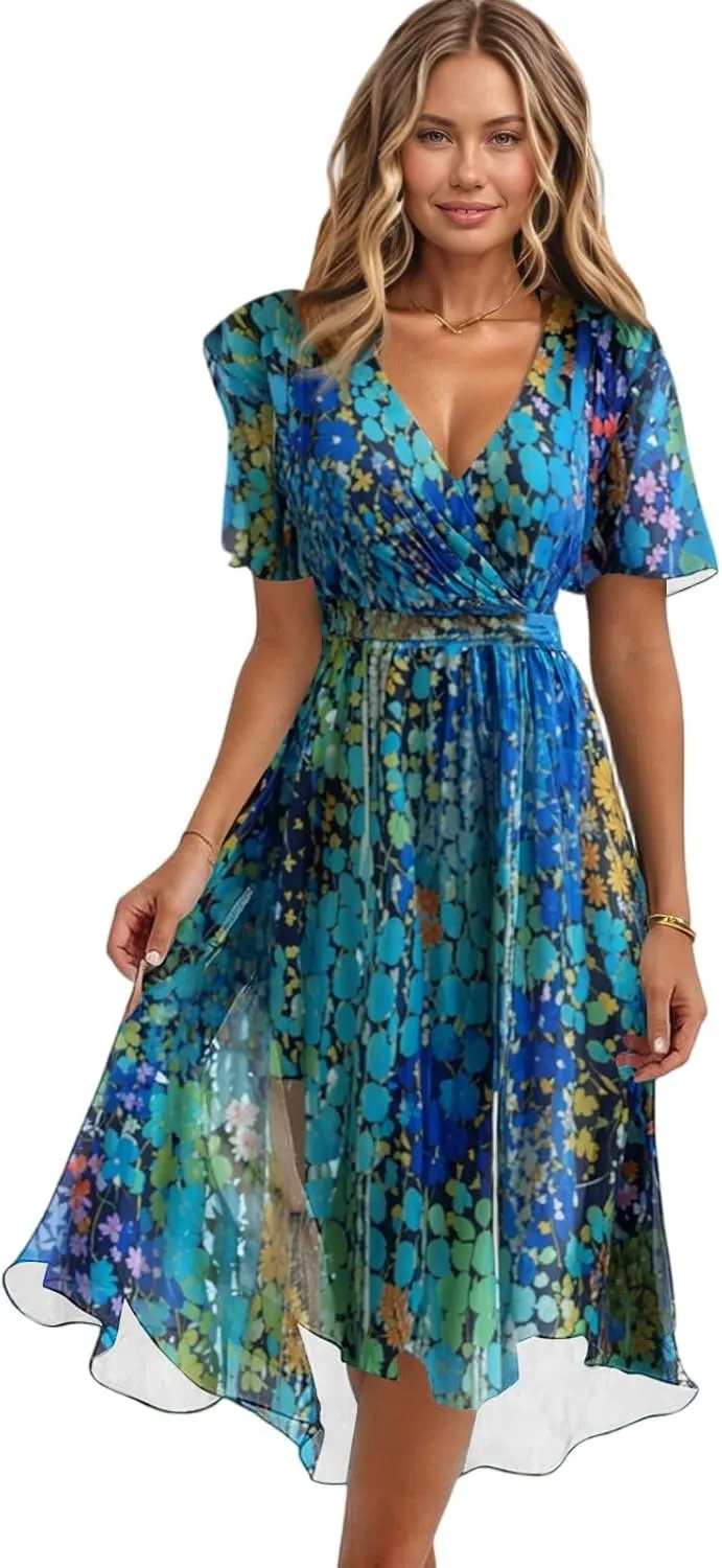 Floral Midi Cocktail Dresses for Women 2025 Elegant Classy Summer Casual Flowy Sexy Deep V Neck Belted Wrap Dress