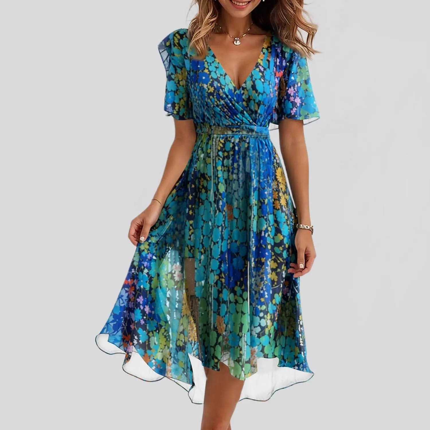 Floral Midi Cocktail Dresses for Women 2025 Elegant Classy Summer Casual Flowy Sexy Deep V Neck Belted Wrap Dress