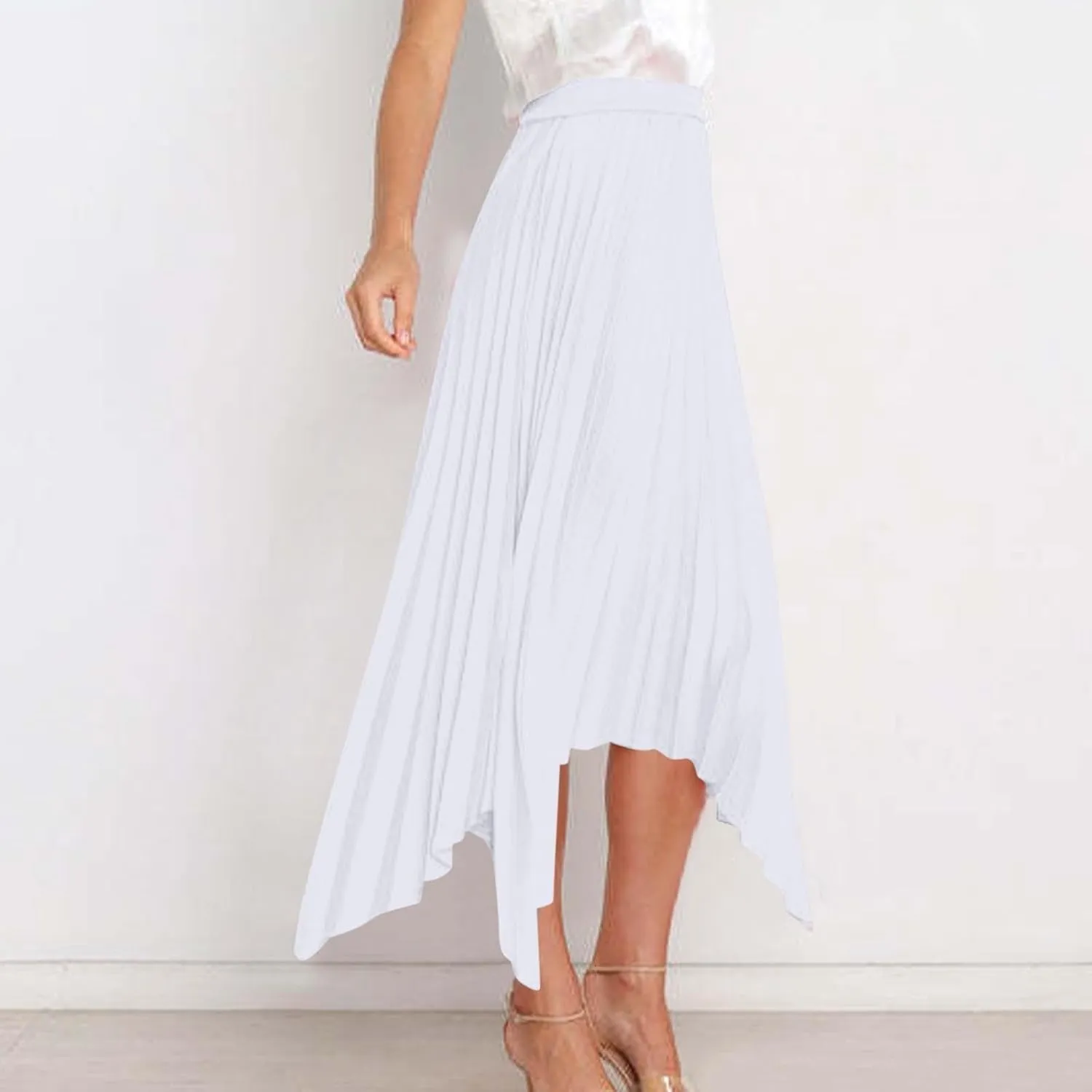 Flowy Skirts for Women Solid Color High Waist Pleated Irregular Hem A Line Swing Skirts Fashion Casual Skirt