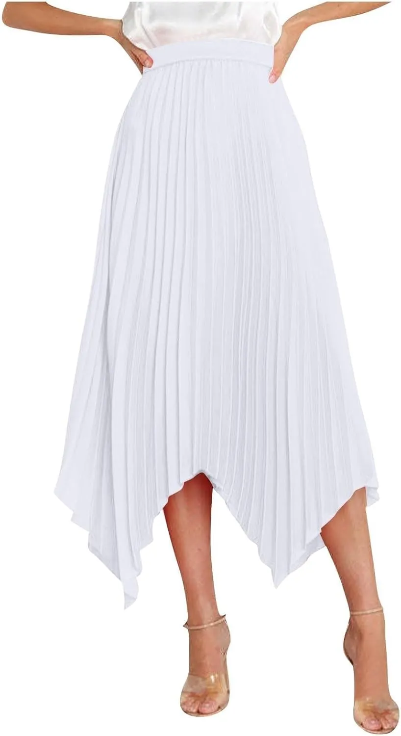 Flowy Skirts for Women Solid Color High Waist Pleated Irregular Hem A Line Swing Skirts Fashion Casual Skirt