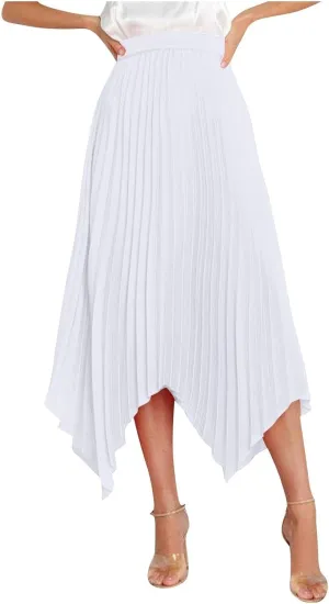 Flowy Skirts for Women Solid Color High Waist Pleated Irregular Hem A Line Swing Skirts Fashion Casual Skirt