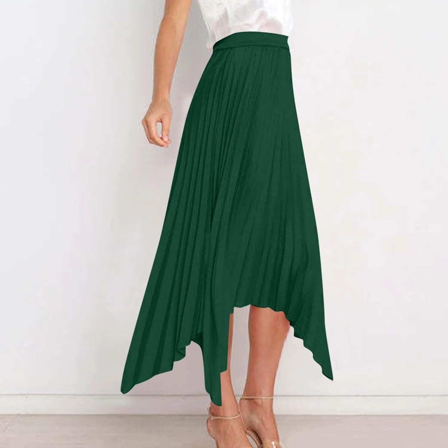Flowy Skirts for Women Solid Color High Waist Pleated Irregular Hem A Line Swing Skirts Fashion Casual Skirt