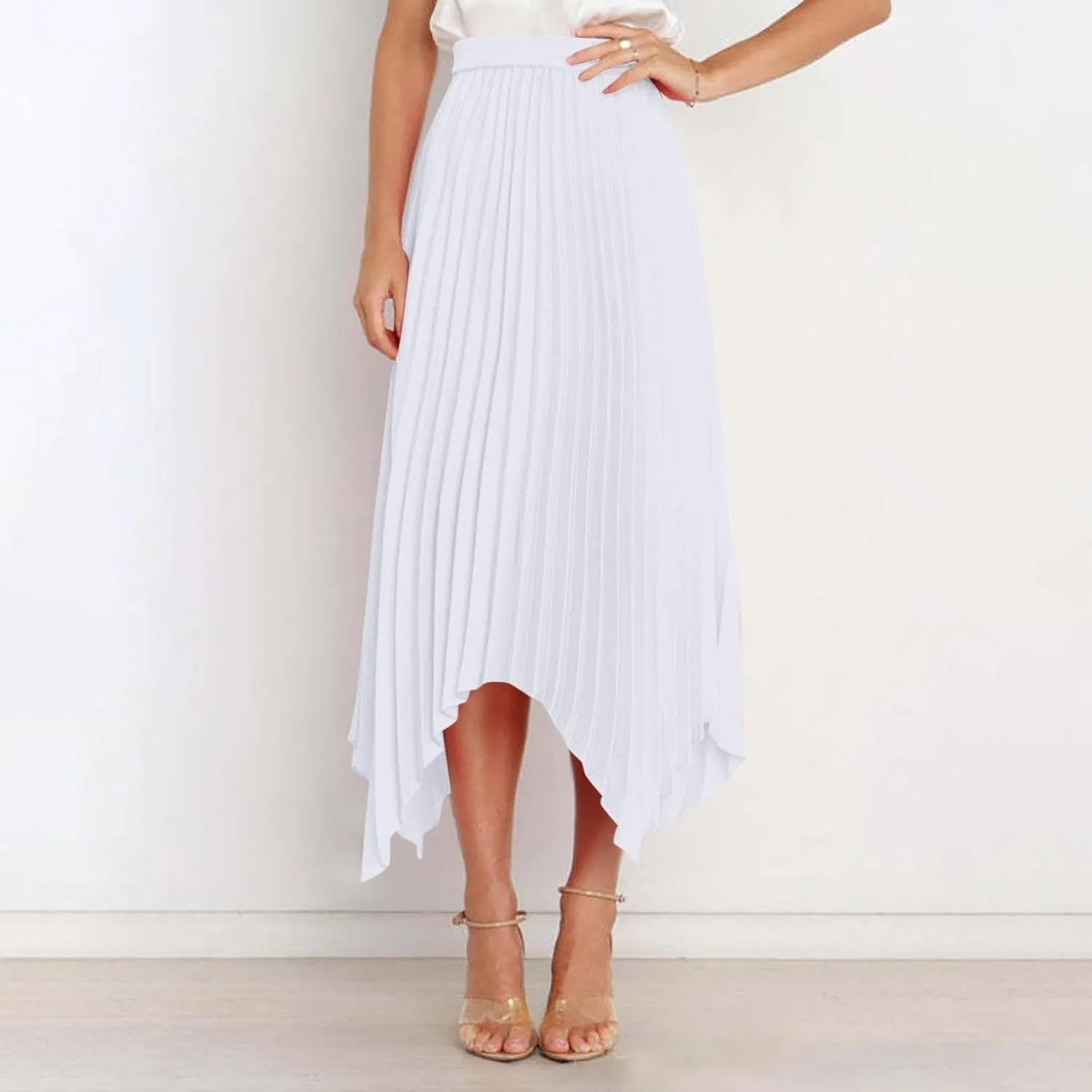 Flowy Skirts for Women Solid Color High Waist Pleated Irregular Hem A Line Swing Skirts Fashion Casual Skirt