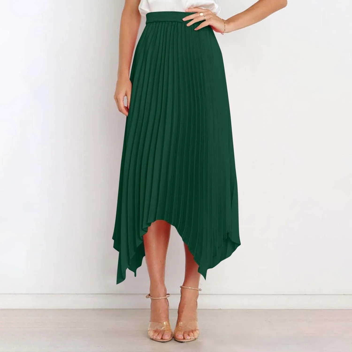 Flowy Skirts for Women Solid Color High Waist Pleated Irregular Hem A Line Swing Skirts Fashion Casual Skirt