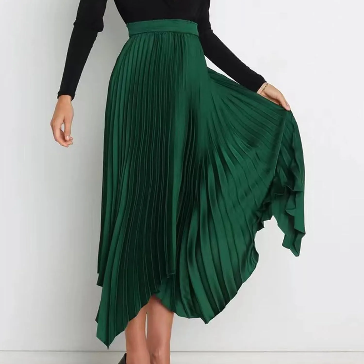 Flowy Skirts for Women Solid Color High Waist Pleated Irregular Hem A Line Swing Skirts Fashion Casual Skirt