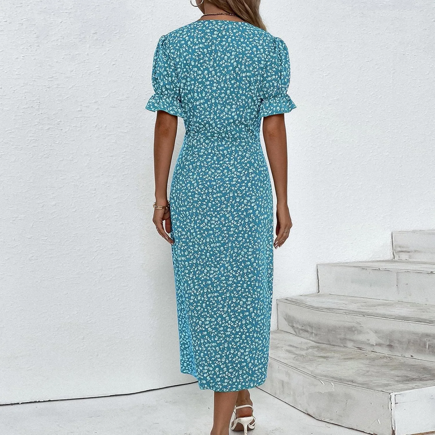 Formal Midi Dresses for Women Ruffled Short Sleeve V Neck Irregular Hem Dress A-line Boho Floral Wedding Guest Dress