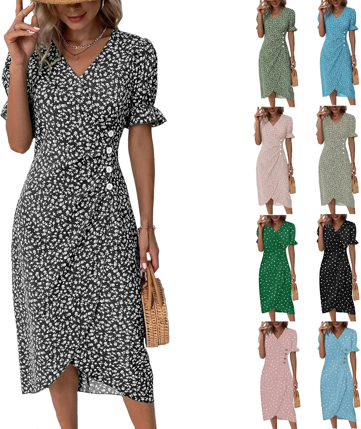 Formal Midi Dresses for Women Ruffled Short Sleeve V Neck Irregular Hem Dress A-line Boho Floral Wedding Guest Dress