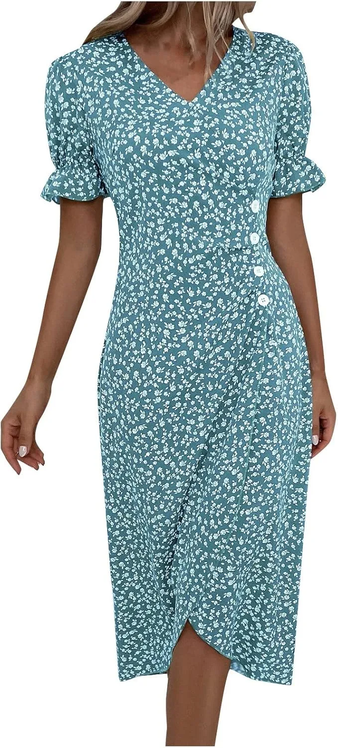 Formal Midi Dresses for Women Ruffled Short Sleeve V Neck Irregular Hem Dress A-line Boho Floral Wedding Guest Dress