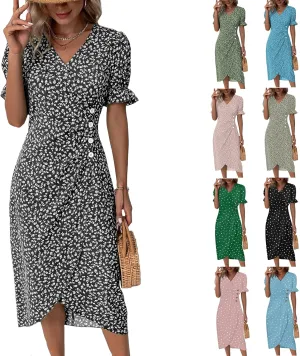 Formal Midi Dresses for Women Ruffled Short Sleeve V Neck Irregular Hem Dress A-line Boho Floral Wedding Guest Dress