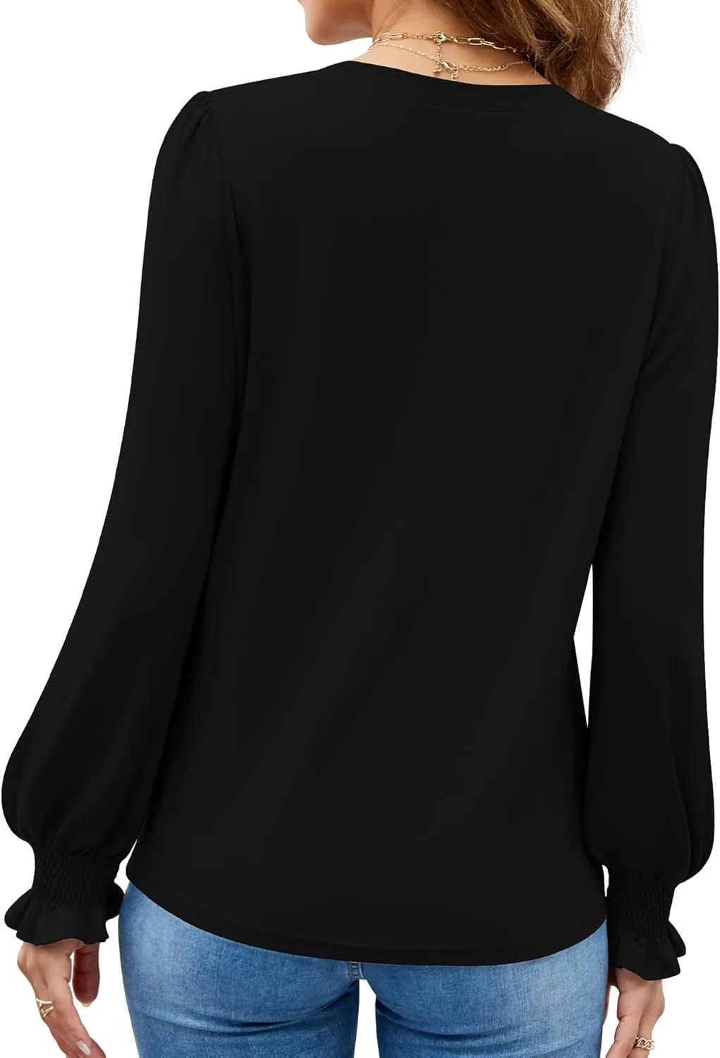 Funlingo Womens Long Sleeve Tops Fashion Fall Shirts Scoop Neck Pleated Ruffle Loose Tunic Tops Business Work Blouse