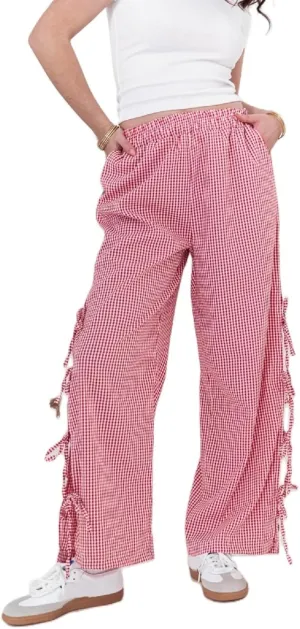 Gingham Pants Women Bow Tie Side Split Wide Leg Y2k Plaid Pants High Waist Striped Lounge Pant Going Out Trousers