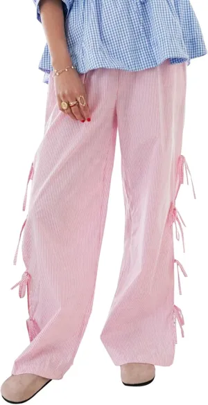 Gingham Pants Women Bow Tie Side Split Wide Leg Y2k Plaid Pants High Waist Striped Lounge Pant Going Out Trousers