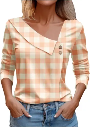 Gold Shirts for Women 3/4 Sleeve Womens Tshirts Cotton Loose Fit Fashion Print V Neck Lapel Woman Shirts Trendy