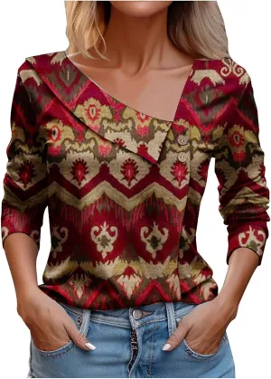 Gold Shirts for Women 3/4 Sleeve Womens Tshirts Cotton Loose Fit Fashion Print V Neck Lapel Woman Shirts Trendy
