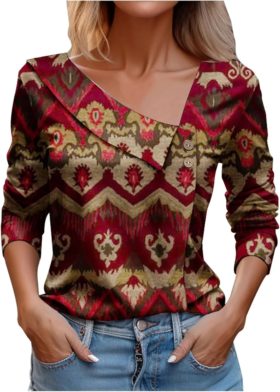 Gold Shirts for Women 3/4 Sleeve Womens Tshirts Cotton Loose Fit Fashion Print V Neck Lapel Woman Shirts Trendy