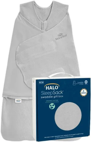 HALO Sleepsack Swaddle 100% Organic Cotton Newborn 1-Piece Gift Set with Box, TOG 1.5, 0-3 Months, Cloud