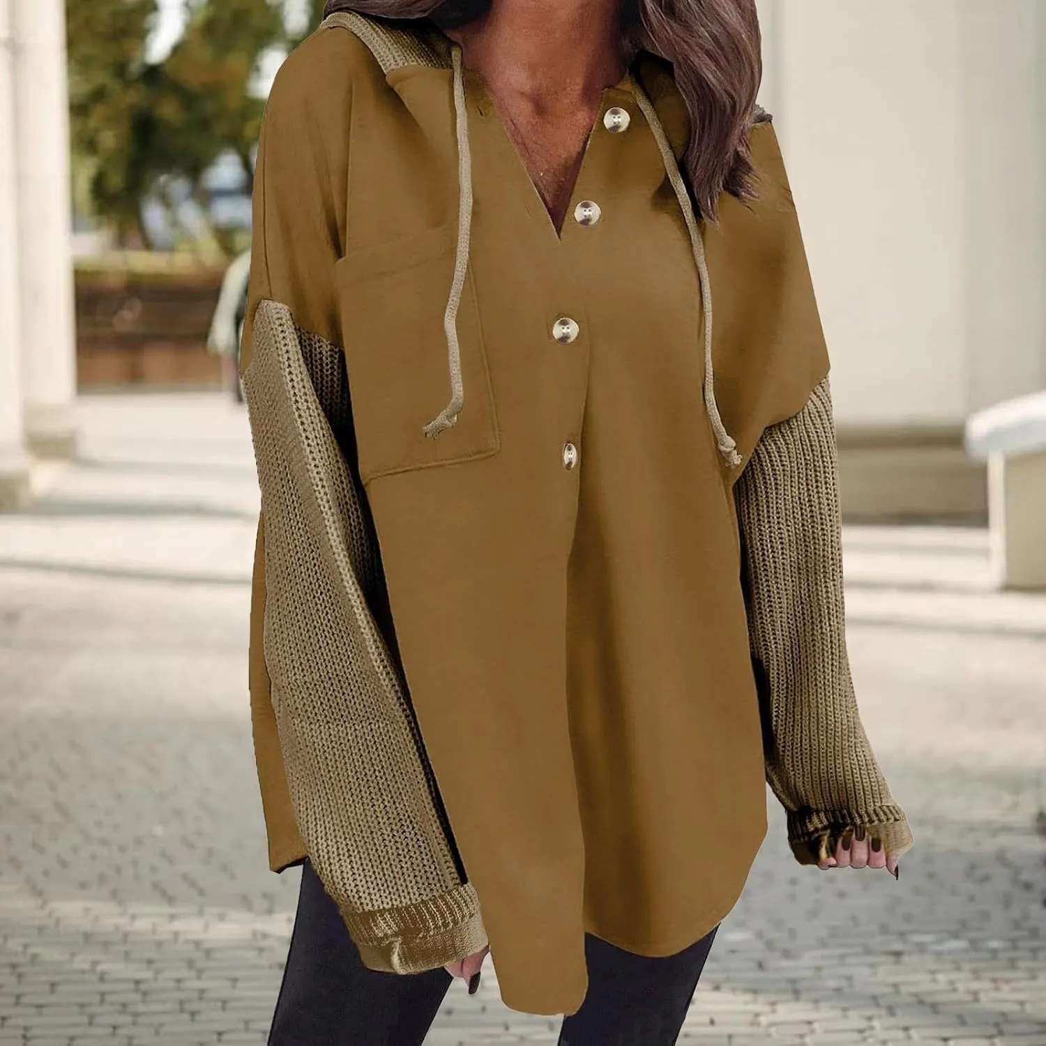 Hoodie for Women Chunky Knit Color Block Jacket Button Down Long Sleeve Shacket Jackets Oversized Boyfriend Shirts