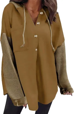Hoodie for Women Chunky Knit Color Block Jacket Button Down Long Sleeve Shacket Jackets Oversized Boyfriend Shirts