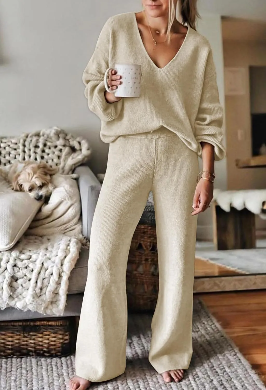 HUUSA Women's 2 Piece Outfits Long Sleeve V Neck Knit Pullover Sweater Top High Waist Wide Legs Pants Sweatsuit Lounge Sets