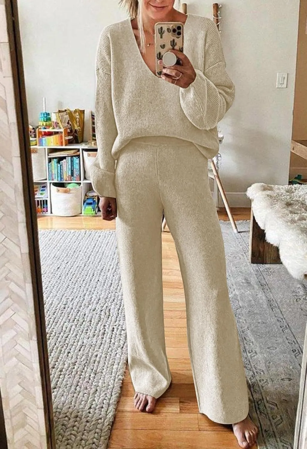 HUUSA Women's 2 Piece Outfits Long Sleeve V Neck Knit Pullover Sweater Top High Waist Wide Legs Pants Sweatsuit Lounge Sets