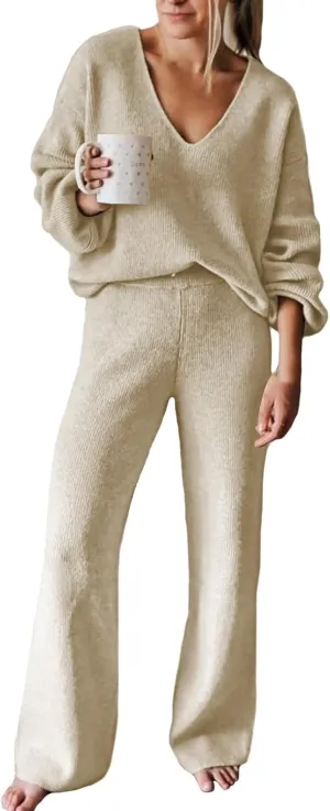 HUUSA Women's 2 Piece Outfits Long Sleeve V Neck Knit Pullover Sweater Top High Waist Wide Legs Pants Sweatsuit Lounge Sets