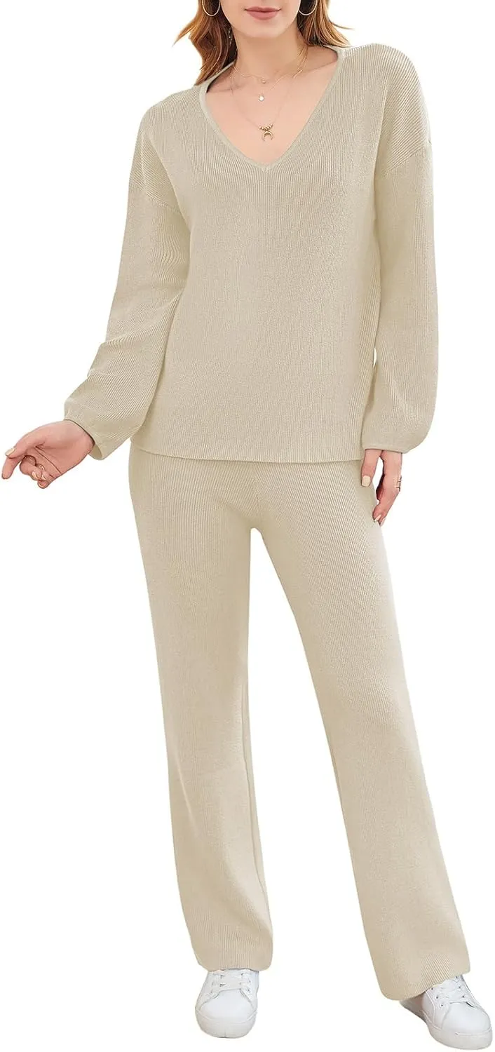 HUUSA Women's 2 Piece Outfits Long Sleeve V Neck Knit Pullover Sweater Top High Waist Wide Legs Pants Sweatsuit Lounge Sets