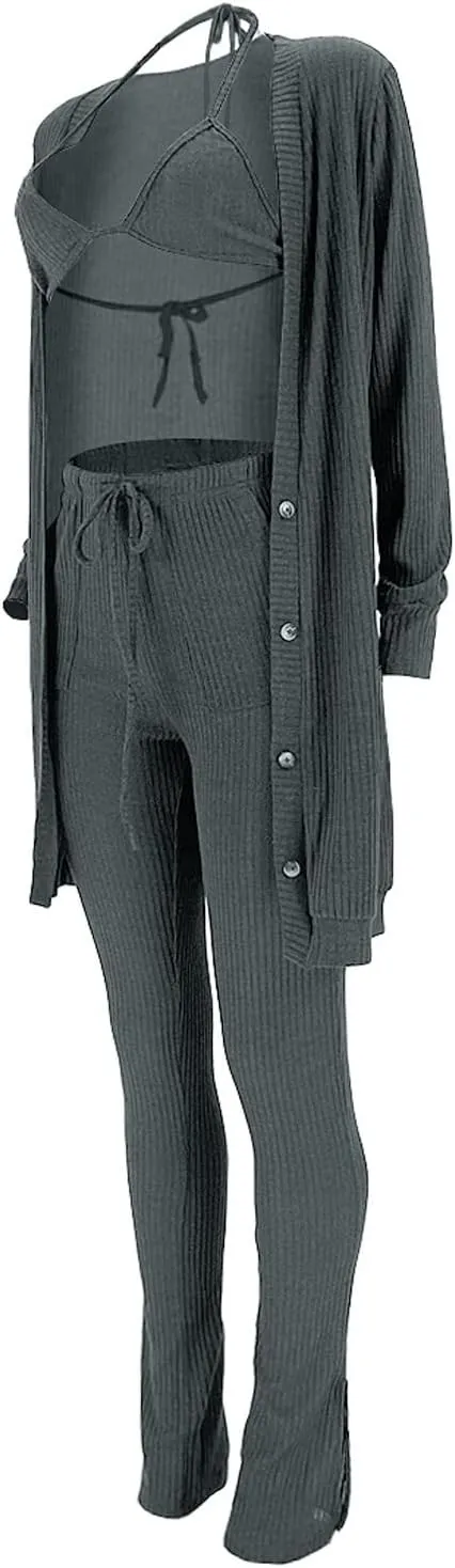 imbpceu Women's Sexy 3 Piece Outfits Button Front Cardigan Triangle Bra Drawstring Split Hem Pants Sets With Pocket