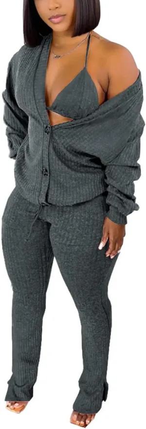 imbpceu Women's Sexy 3 Piece Outfits Button Front Cardigan Triangle Bra Drawstring Split Hem Pants Sets With Pocket