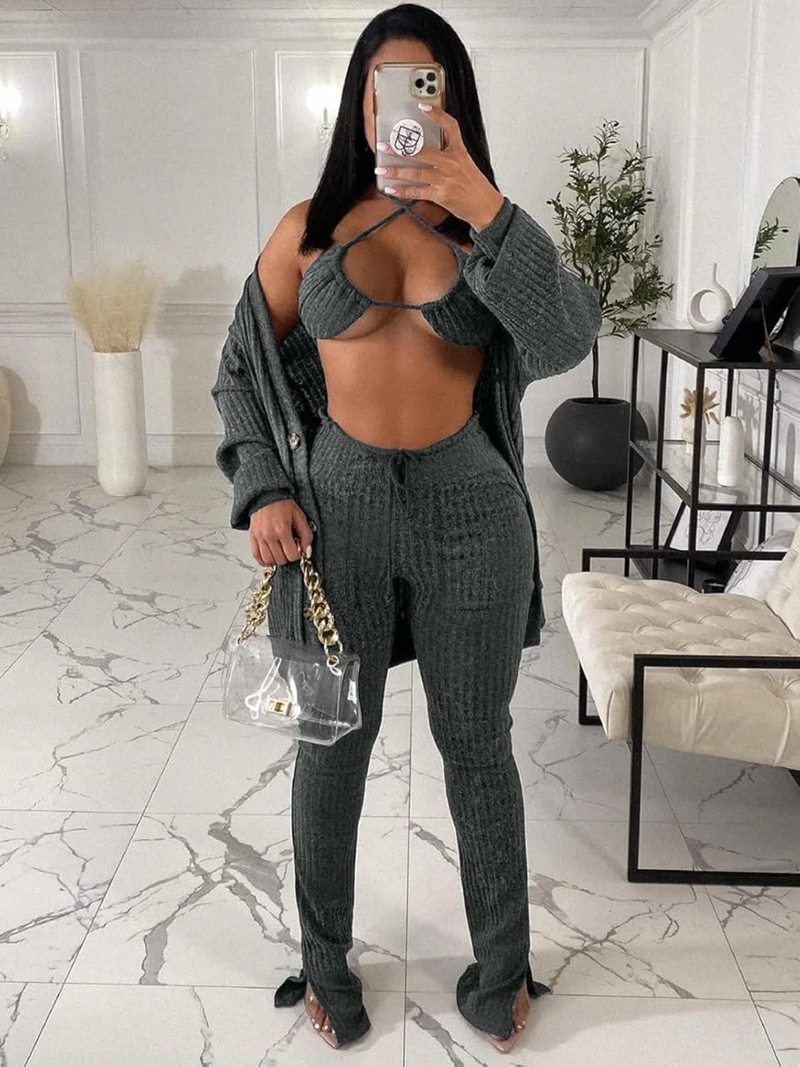 imbpceu Women's Sexy 3 Piece Outfits Button Front Cardigan Triangle Bra Drawstring Split Hem Pants Sets With Pocket