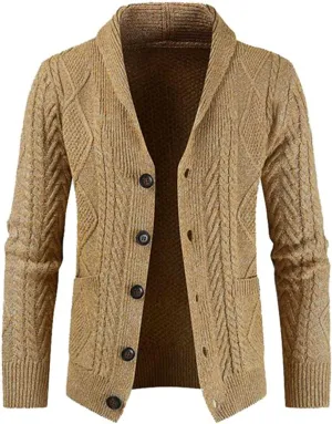 JMIERR Men's Casual Long Sleeve Shawl Collar Buttons Down Cable Knit Cardigan Sweater with Pockets