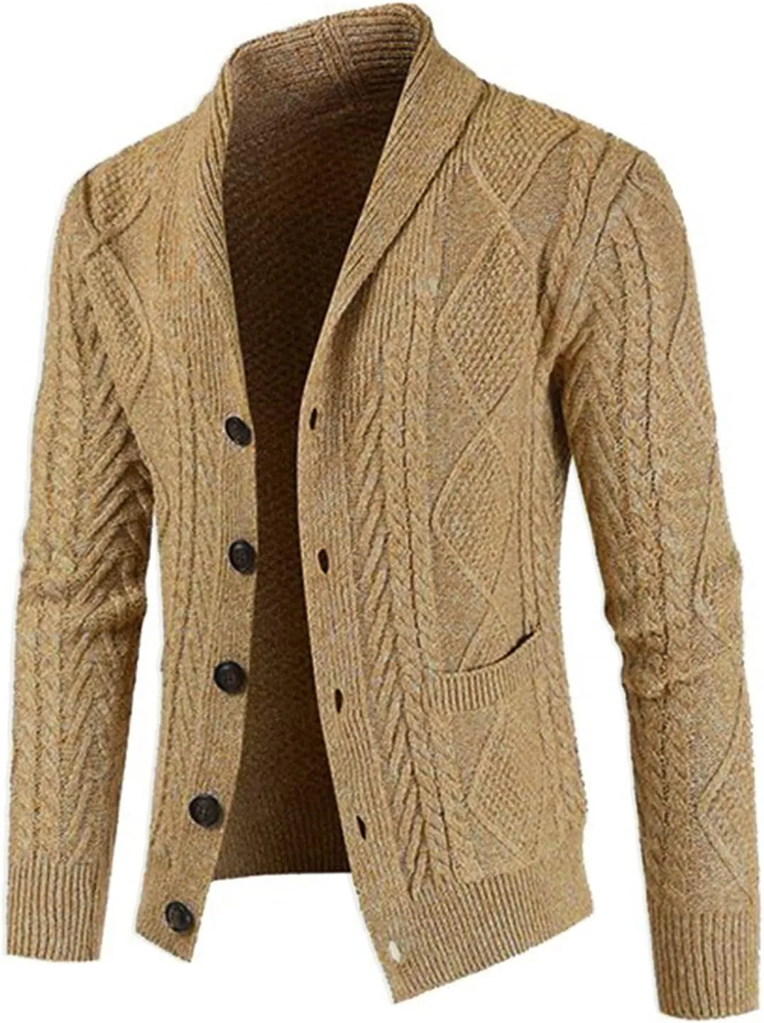JMIERR Men's Casual Long Sleeve Shawl Collar Buttons Down Cable Knit Cardigan Sweater with Pockets
