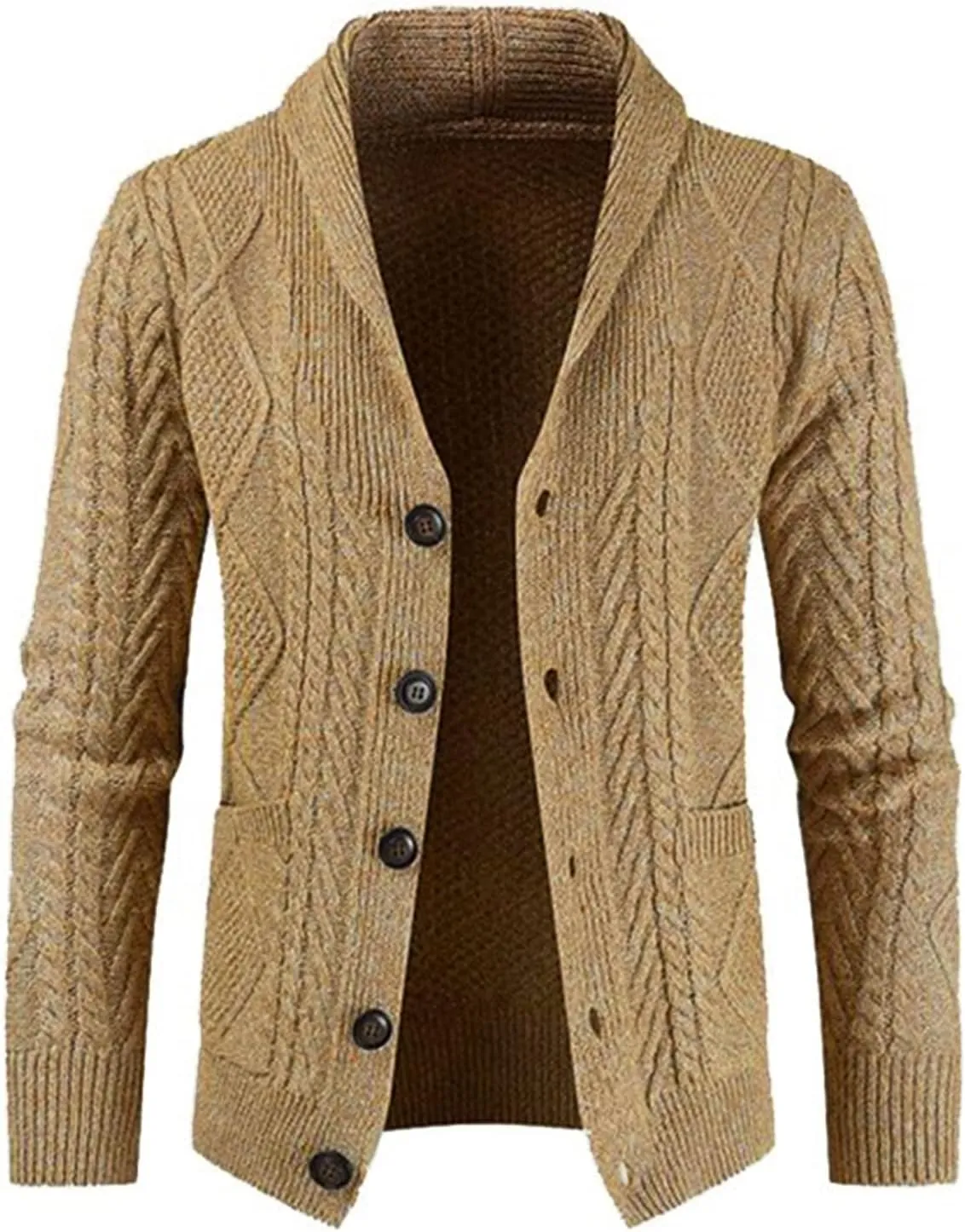JMIERR Men's Casual Long Sleeve Shawl Collar Buttons Down Cable Knit Cardigan Sweater with Pockets