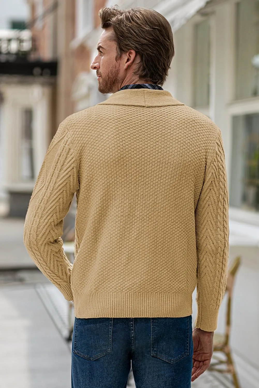 JMIERR Men's Casual Long Sleeve Shawl Collar Buttons Down Cable Knit Cardigan Sweater with Pockets