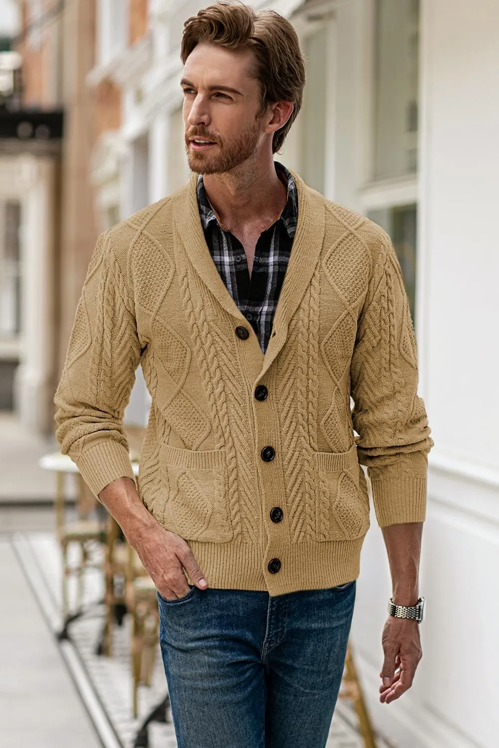 JMIERR Men's Casual Long Sleeve Shawl Collar Buttons Down Cable Knit Cardigan Sweater with Pockets