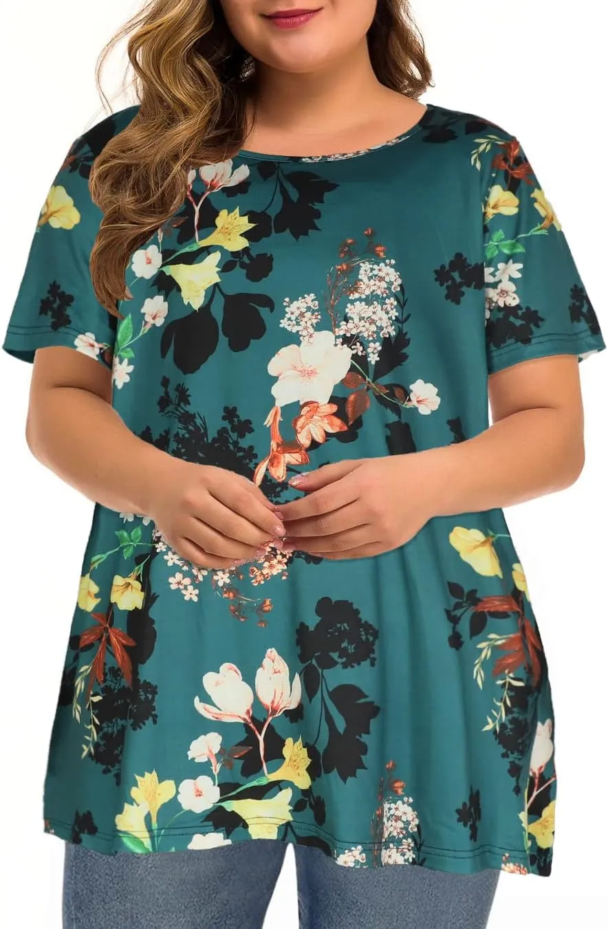 JOELLYUS Plus Size Tops for Women Tunic Floral Casual Short Sleeves T Shirts Flowy Blouses