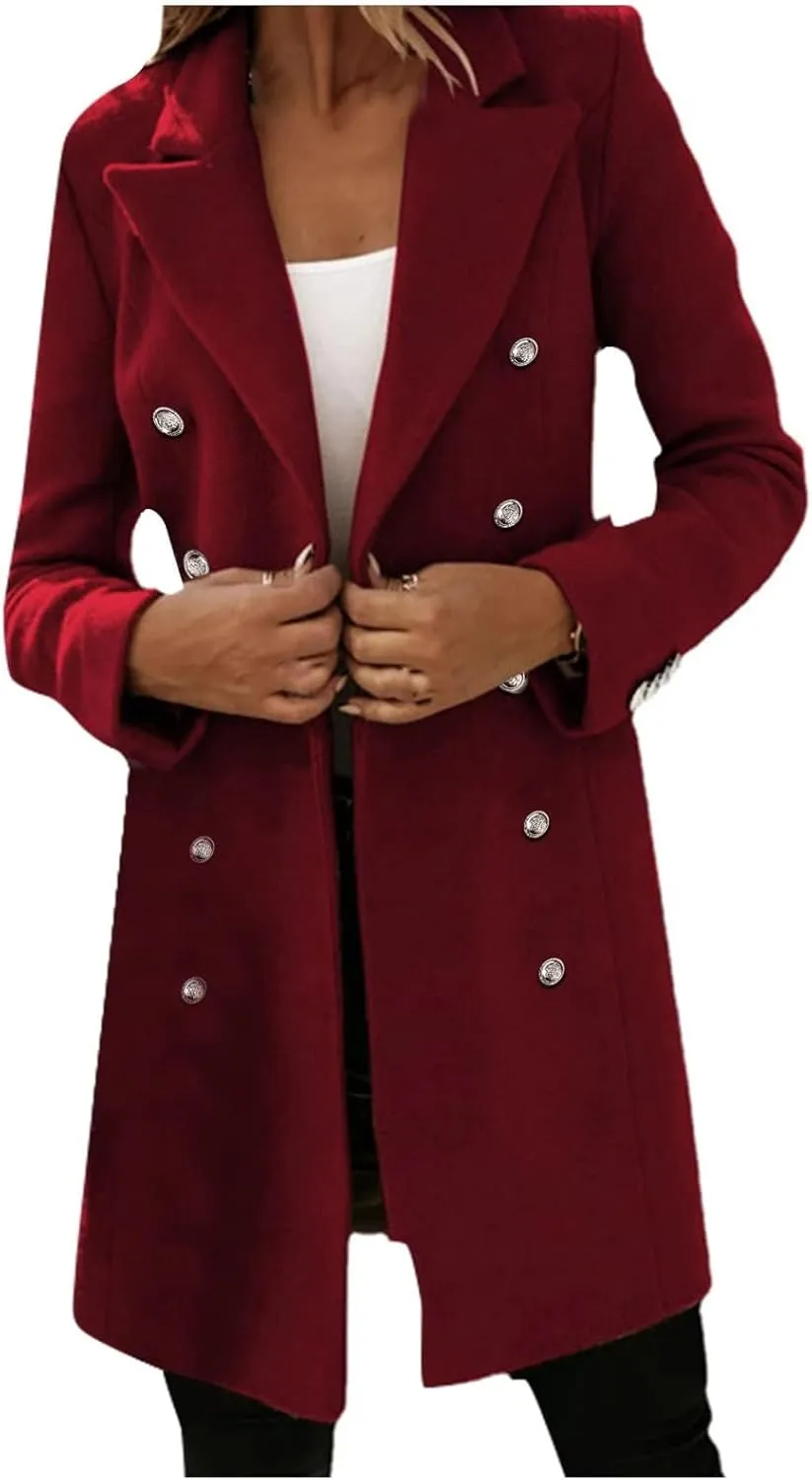 Kubbon Women Elegant Notched Collar Wool Blend Over Coat Dressy Double Breasted Open Front Pea Coat Casual Jacket Outerwear
