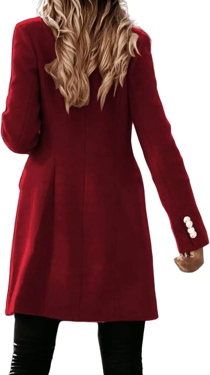 Kubbon Women Elegant Notched Collar Wool Blend Over Coat Dressy Double Breasted Open Front Pea Coat Casual Jacket Outerwear