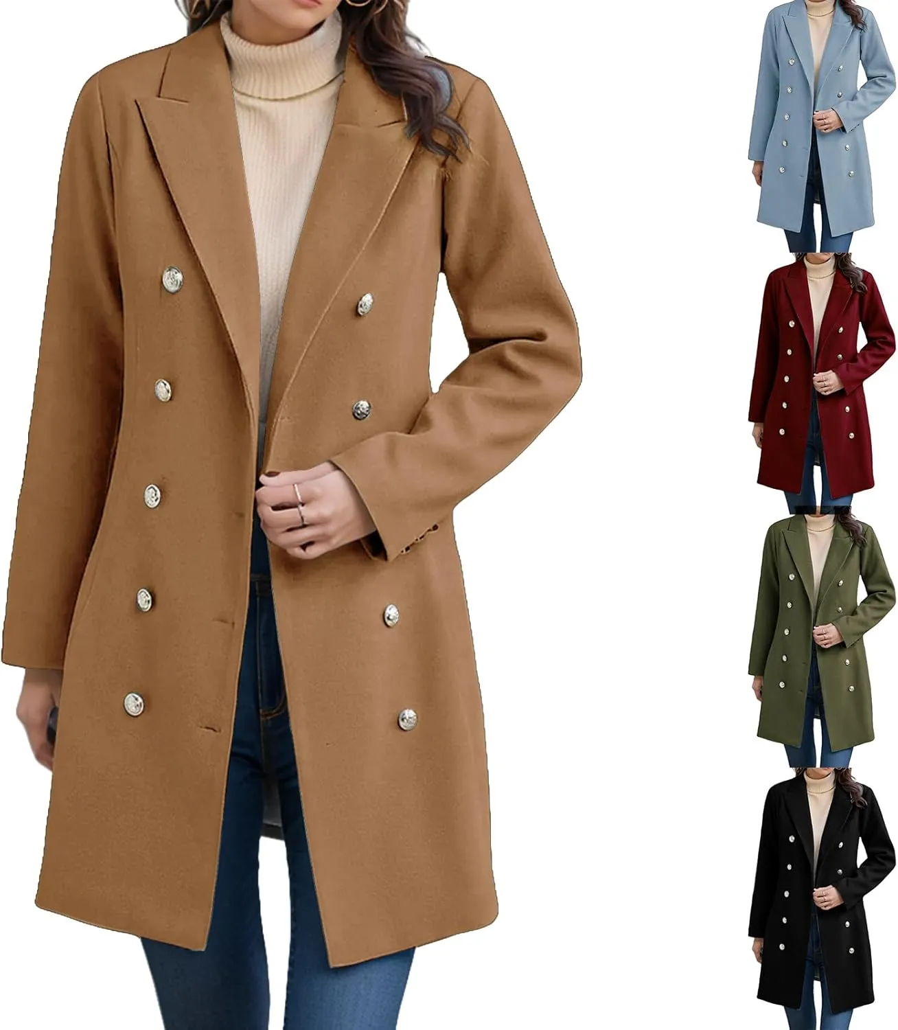Kubbon Women Elegant Notched Collar Wool Blend Over Coat Dressy Double Breasted Open Front Pea Coat Casual Jacket Outerwear
