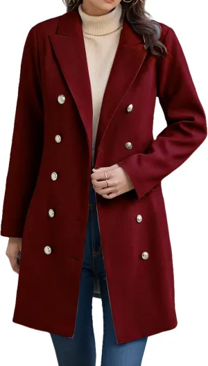 Kubbon Women Elegant Notched Collar Wool Blend Over Coat Dressy Double Breasted Open Front Pea Coat Casual Jacket Outerwear