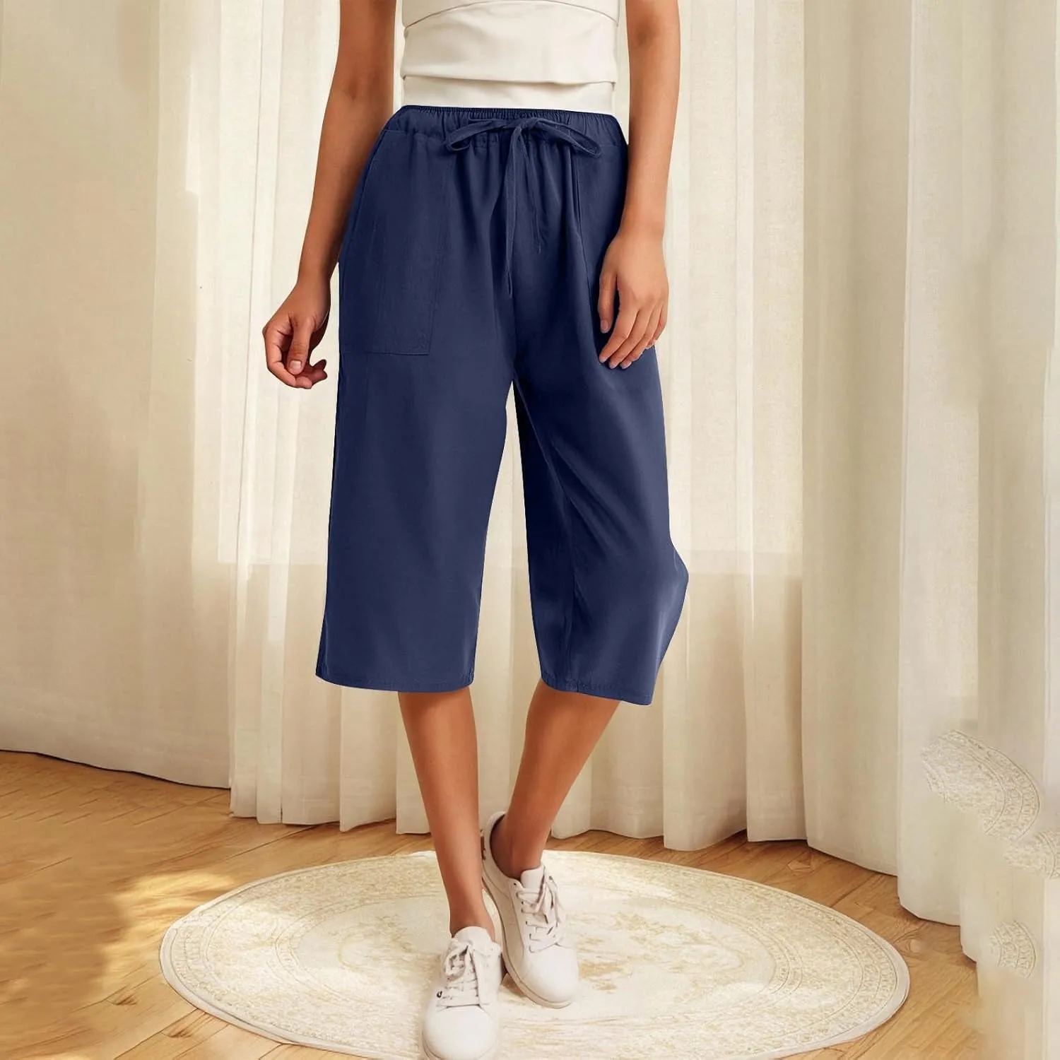 LEMONONSTORE Fashion Women's Capris Wide Leg Palazzo 7/8 Pants Lightweight Trousers Elastic Waist Shorts for Everyday Wear