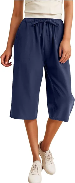 LEMONONSTORE Fashion Women's Capris Wide Leg Palazzo 7/8 Pants Lightweight Trousers Elastic Waist Shorts for Everyday Wear