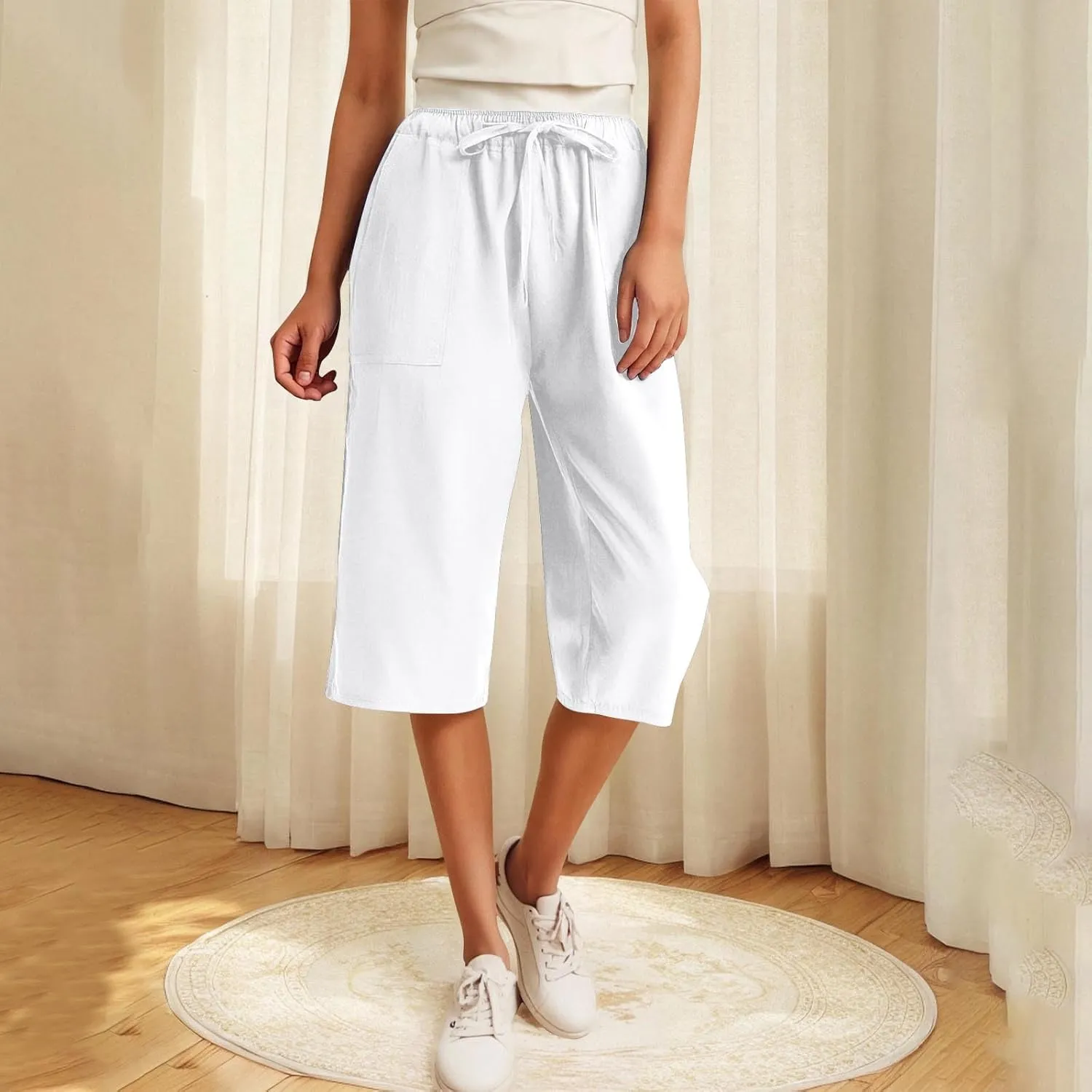 LEMONONSTORE Fashion Women's Capris Wide Leg Palazzo 7/8 Pants Lightweight Trousers Elastic Waist Shorts for Everyday Wear