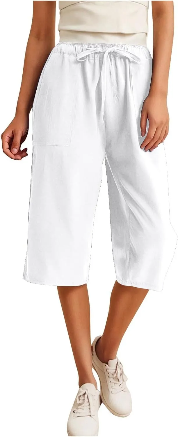 LEMONONSTORE Fashion Women's Capris Wide Leg Palazzo 7/8 Pants Lightweight Trousers Elastic Waist Shorts for Everyday Wear