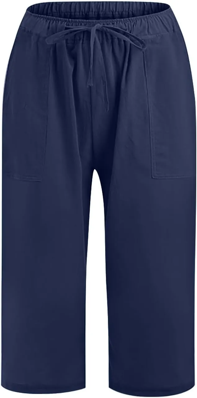 LEMONONSTORE Fashion Women's Capris Wide Leg Palazzo 7/8 Pants Lightweight Trousers Elastic Waist Shorts for Everyday Wear