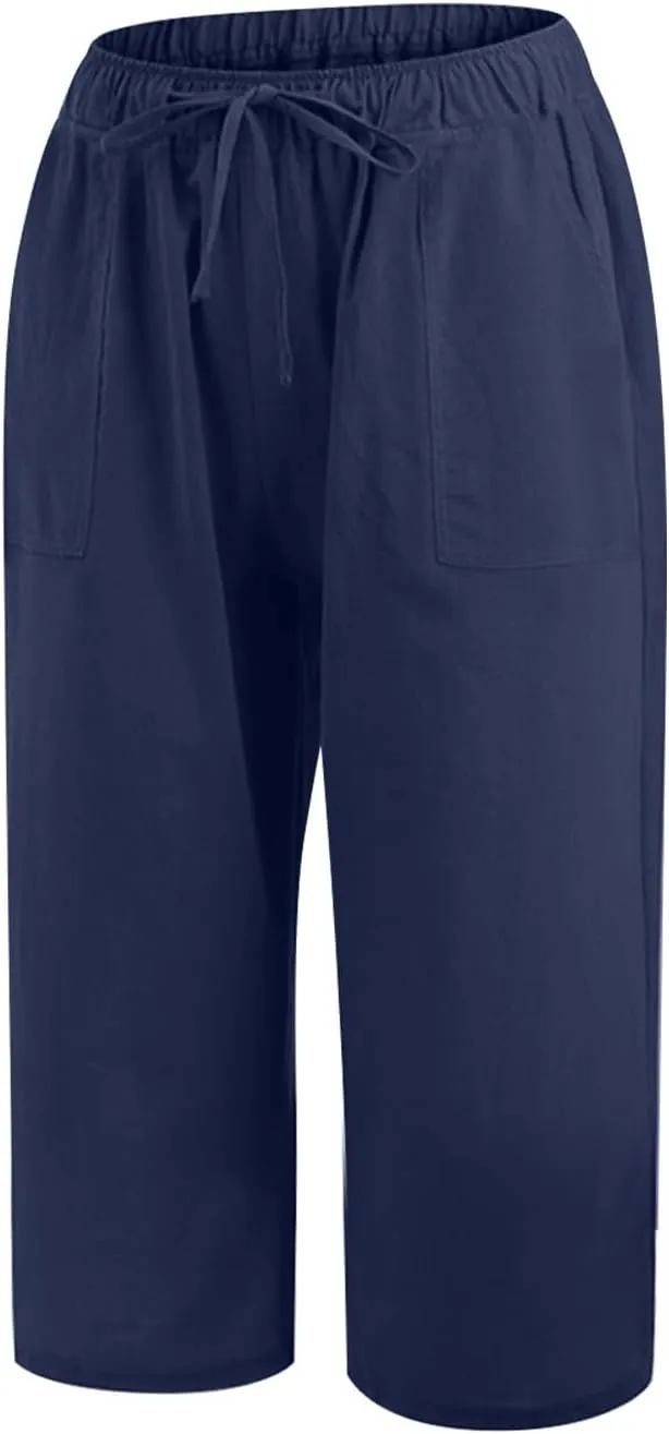 LEMONONSTORE Fashion Women's Capris Wide Leg Palazzo 7/8 Pants Lightweight Trousers Elastic Waist Shorts for Everyday Wear
