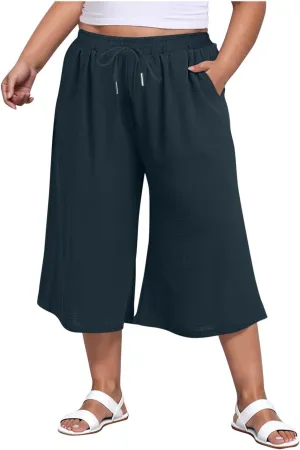 LEMONONSTORE Plus Size Women Boho Summer Capris Elastic Waist Wide Leg Straight Cropped Pants Casual Loose Below-Knee Shorts