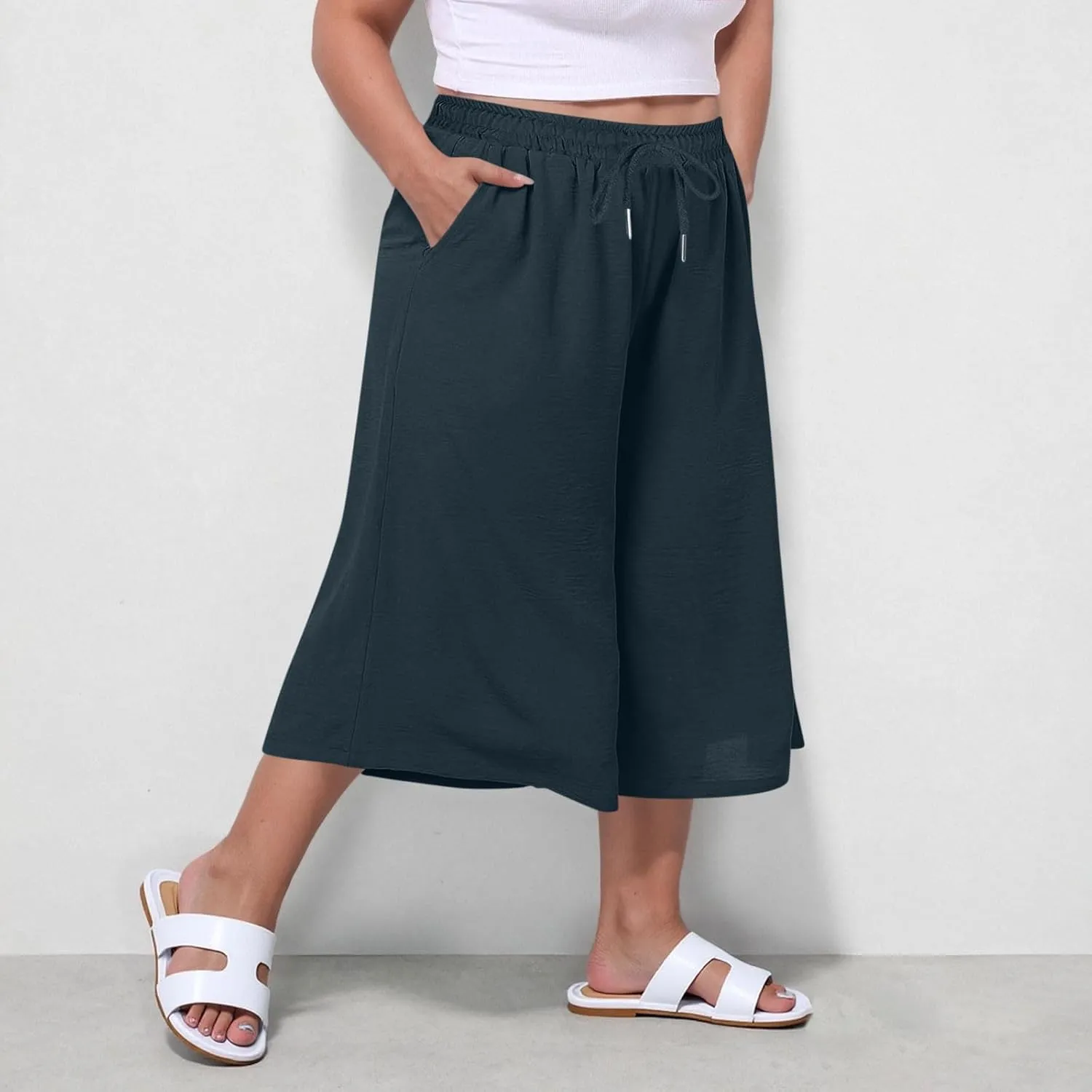 LEMONONSTORE Plus Size Women Boho Summer Capris Elastic Waist Wide Leg Straight Cropped Pants Casual Loose Below-Knee Shorts