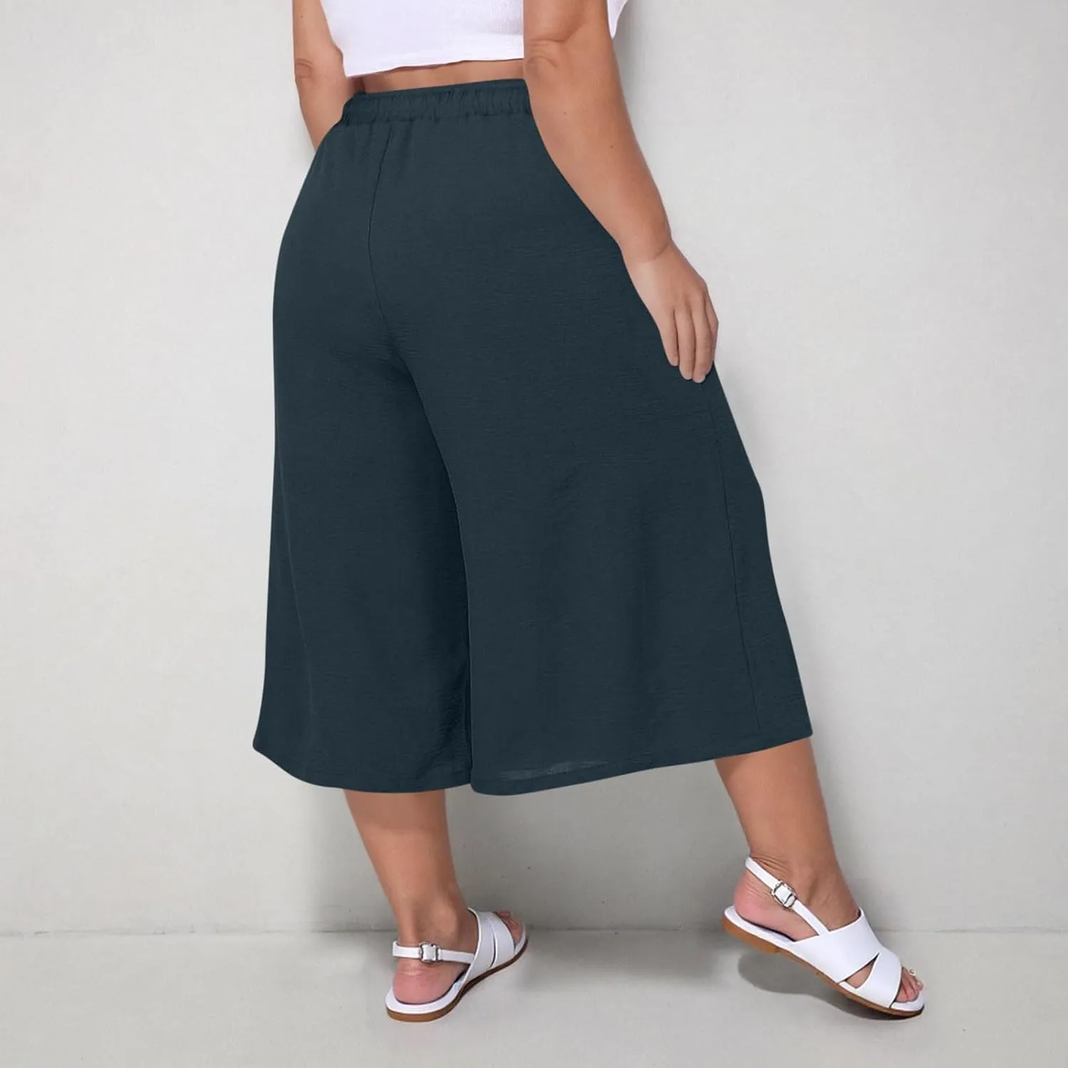 LEMONONSTORE Plus Size Women Boho Summer Capris Elastic Waist Wide Leg Straight Cropped Pants Casual Loose Below-Knee Shorts